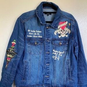 Vintage Ed Hardy Biker Jean Jacket Mens Size Large Dragon Skull Love Kills